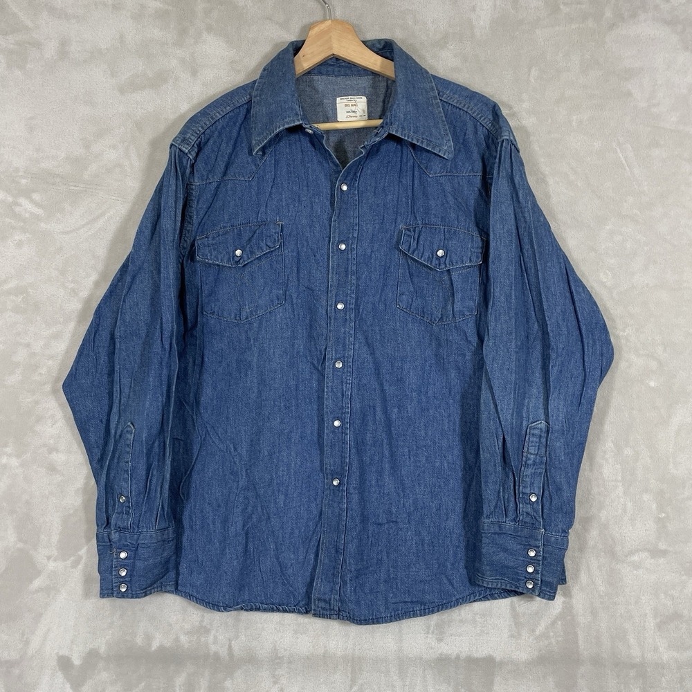 Vintage 70s JCPenney Big Mac Denim Shirt Men Large Pearl Snap Heavyweight Cotton